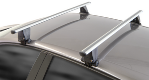 due barre portatutto grigie fissate sul tetto di un veicolo scuro su uno sfondo bianco