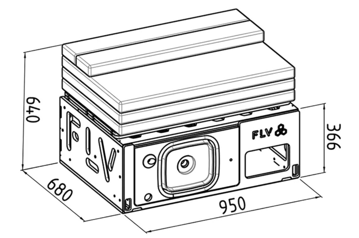 diagramma che mostra le dimensioni di una scatola di legno e di un materasso piegato in bianco e nero