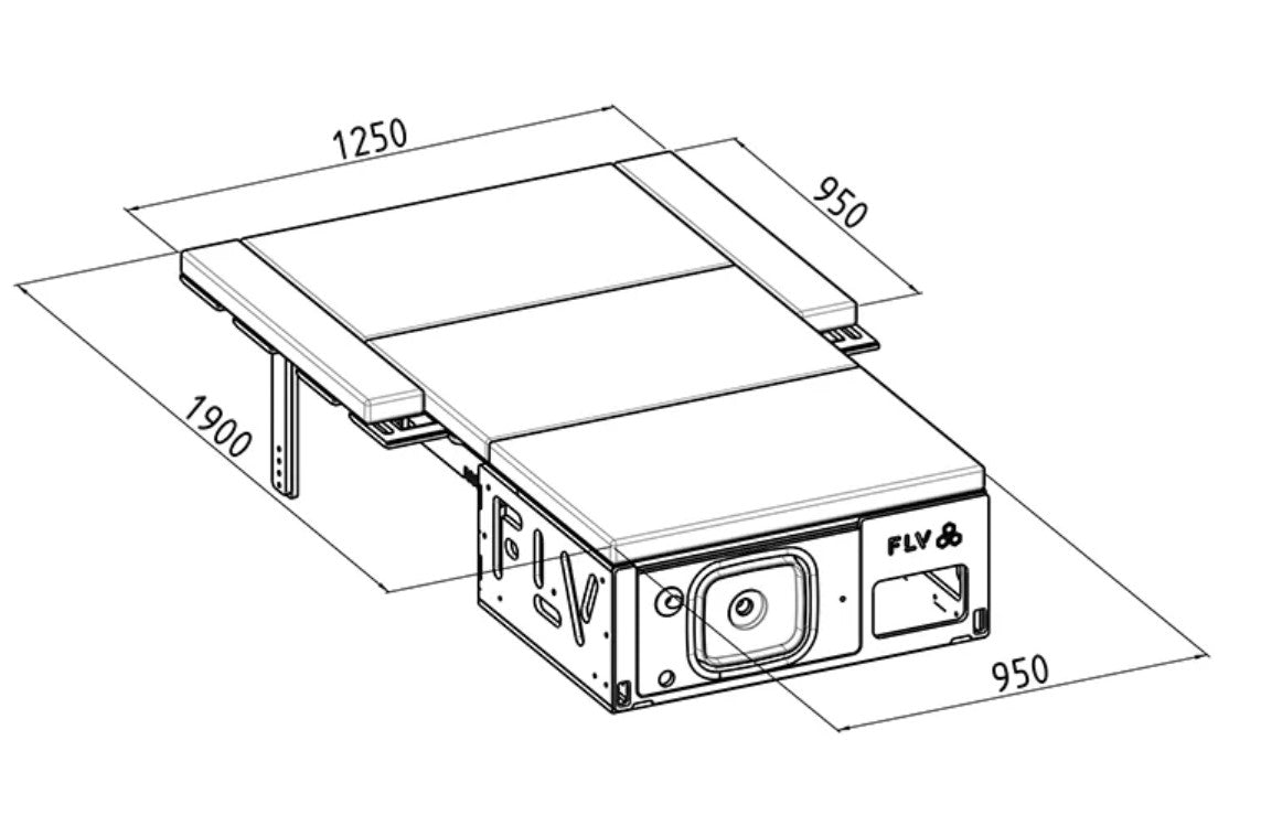Schema di una scatola per arredi interni FLV con materasso e dimensioni