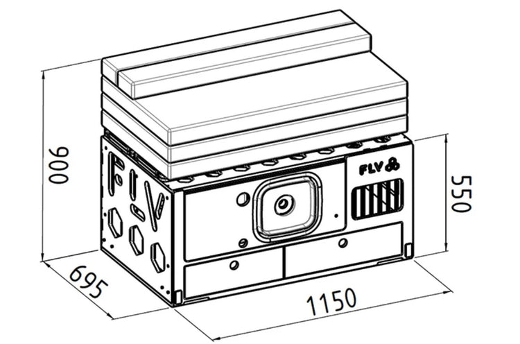 scatola allestita per VAN in diagramma con le sue dimensioni da chiusa