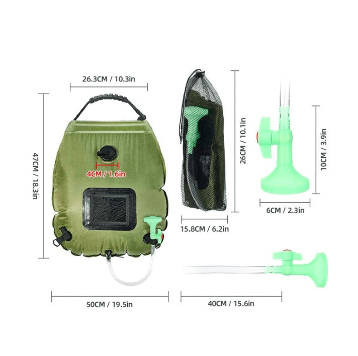 Dimensioni dei diversi componenti di un sacco doccia verde