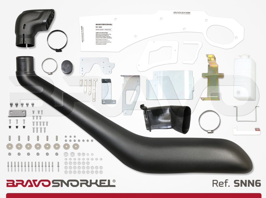 snorkel bravo nero presentato con ricambi e viti e bulloni