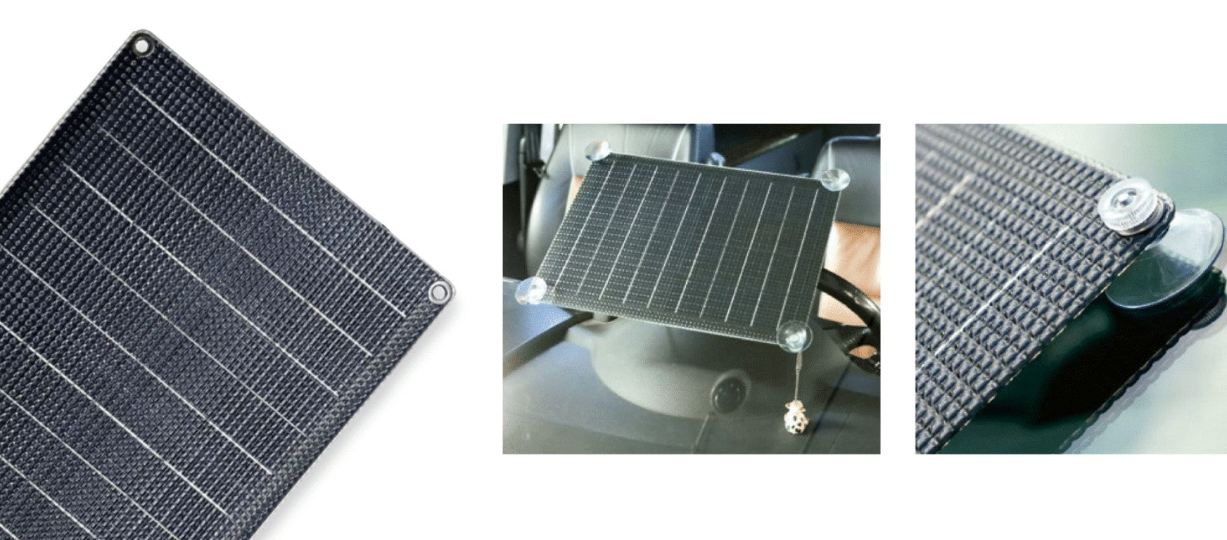 Pannello solare montato su un parabrezza in 3 immagini