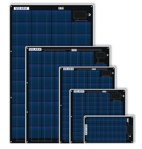 5 pannelli solari Solara su sfondo bianco