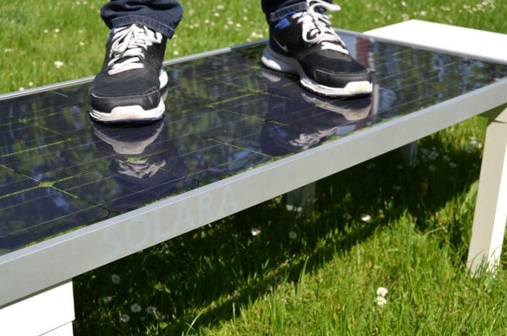 Pannello solare con una persona sopra sull'erba