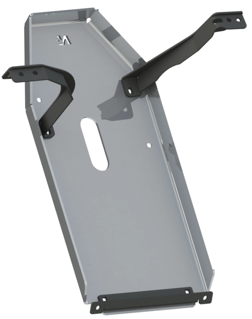 vista posteriore di uno sci di protezione in alluminio con due occhielli sporgenti per gli attacchi e 4 fori centrali