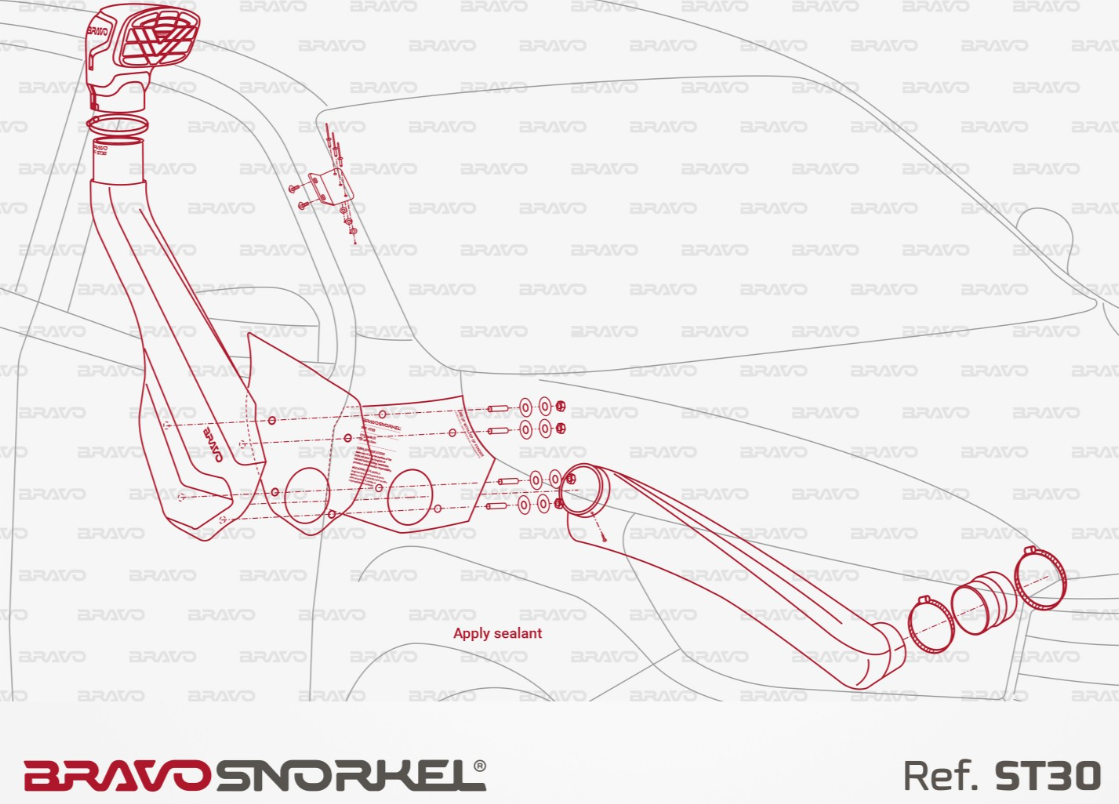 piano di taglio di uno snorkel rosso su un piano di veicolo
