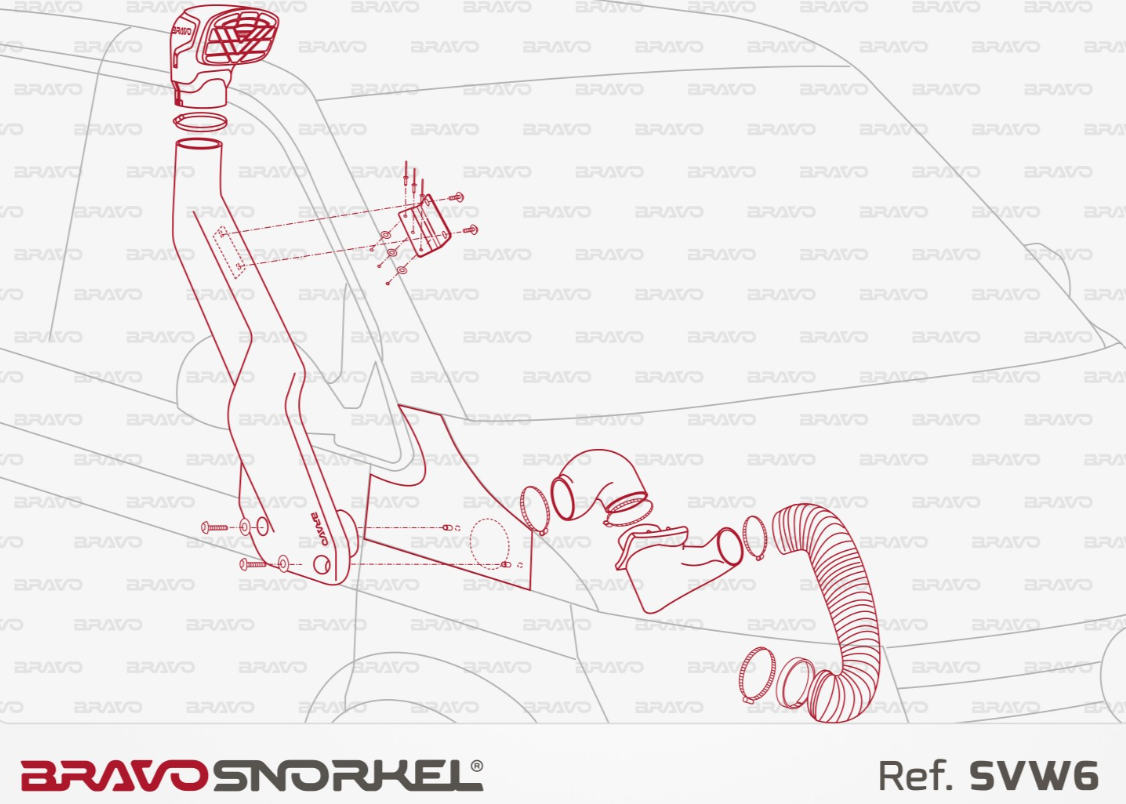 disegno di montaggio in rosso di uno snorkel bravo