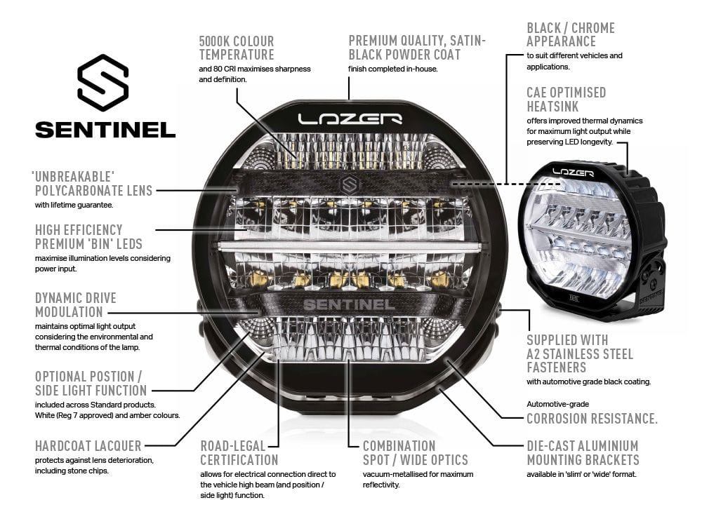 Sentinel 9 pollici a luce bianca - Lazer Elite - con luci di posizione - approvato CE